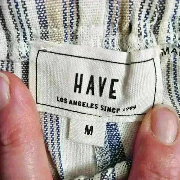 HAVE Blue Tan Stripe Paper Bag High Waist Shorts Elastic Waist Band Women Medium - Picture 4 of 6